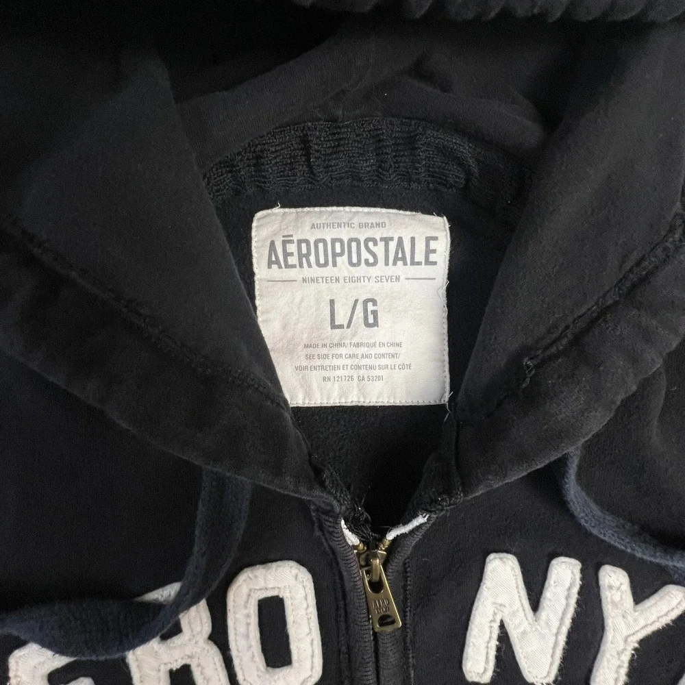 Aeropostale Mens Hoodie Large Black Sweatshirt FullZip Aero NYC 1987 Graphic Y2K